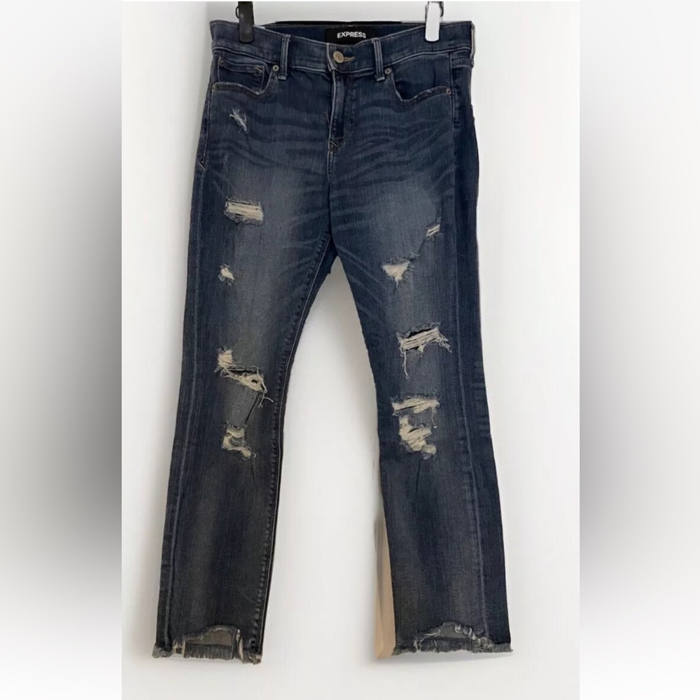 EXPRESS Skinny Ankle Stretch Women’s 8R Distressed Raw Hem Dark Wash Jeans | Y2K